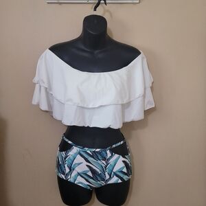 White Off-Shoulder Top with Leaf Print Shorts